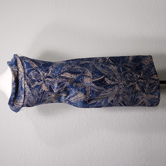 Ralph Lauren Blue w/Tan Floral & Tribal Design Scarf Neck Bodycon Dress Sz. M - Picture 6 of 13